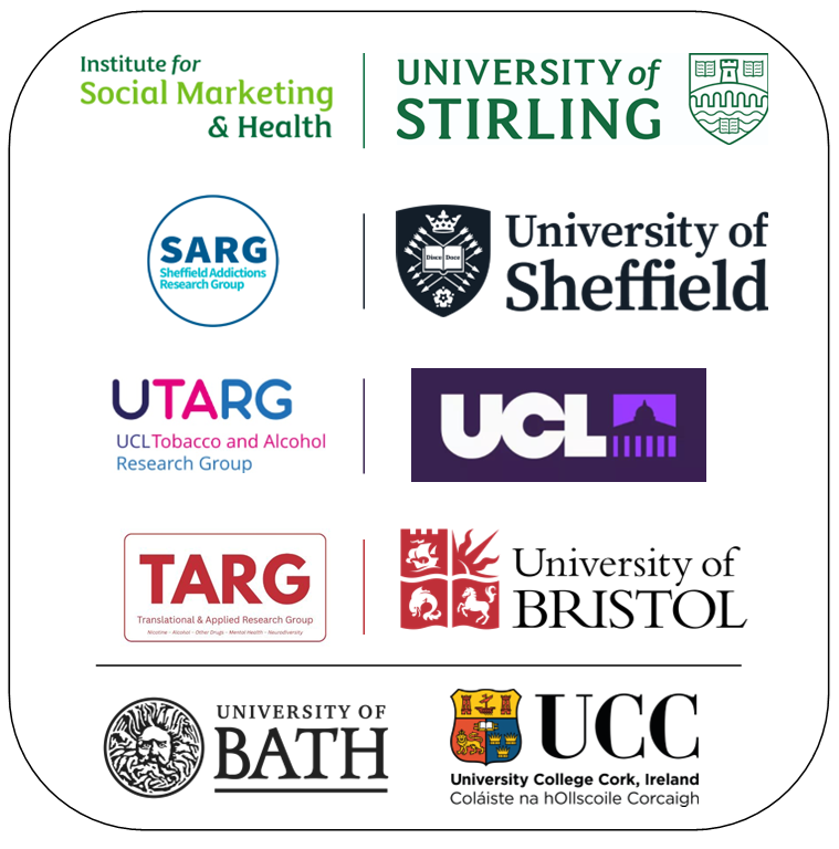 Image shows the logos of the research teams and institutions involved in the research. These are: The Institute for Social Marketing and Health, University of Stirling. Sheffield Addictions Research Group, University of Sheffield UCL Tobacco and Alcohol Research Group, UCL Translational & Applied Research Group, University of Bristol University of Bath University College Cork
